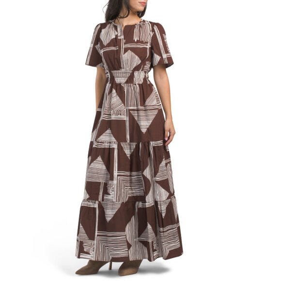 BLUE NAVY BROWN/WHITE Made In Italy Aztec Print Maxi Dress - Picture 1 of 2